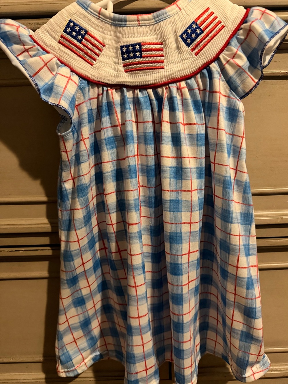 Kids Plaid Smocked Dress with Flag Embroidery - Blue & White
